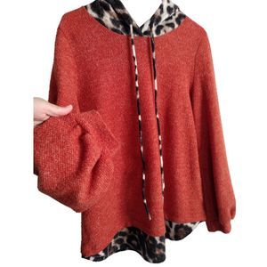 Women's Animal Print Hoodie Sweaters Casual Knit Pachwork Size M Orange Brown
